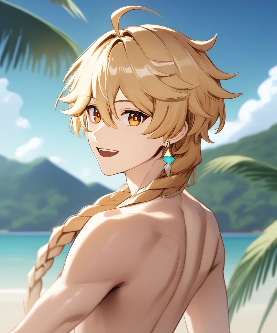 score_9, score_8_up, score_7_up, score_6_up, score_5_up, score_4_up, source_anime, aether \(genshin impact\), looking at viewer, male focus, solo, happy, open mouth, orange eyes, genshin impact, blonde hair, long hair, ahoge, hair between eyes, single braid, single earring, jewelry, bangs, shirtless, solo, beach, blue sky, blurry background, blurry foreground, cloud, day, depth of field, jungle, motion blur ocean, outdoors, palm leaf, palm tree, sky, solo, tree   <lora:AetherPDXLep21:1>