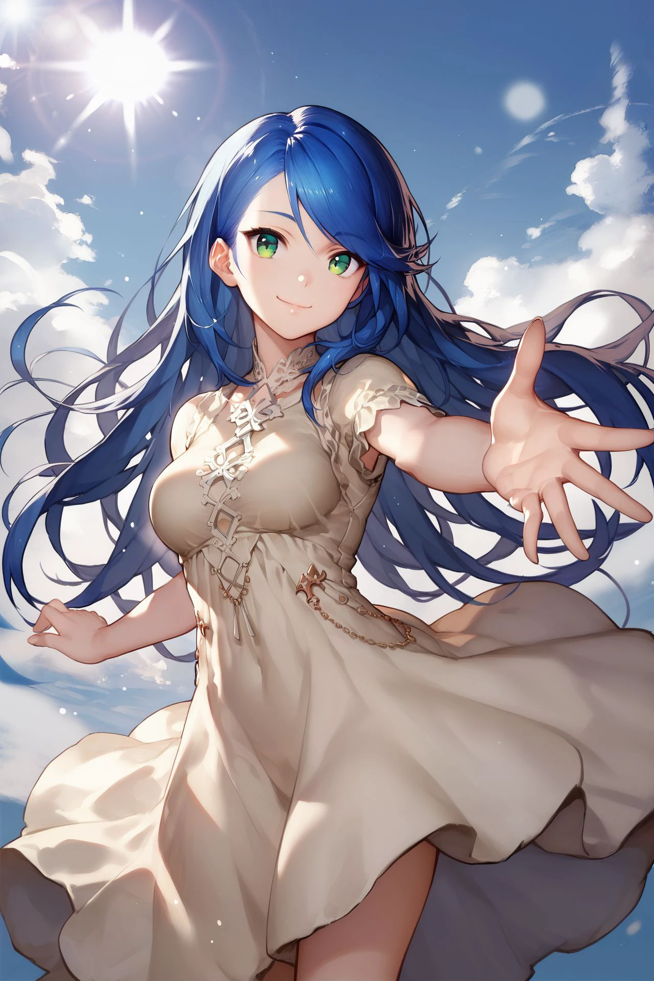 score_9, score_8_up, score_7_up, 1girl, spread fingers, cheeky smile, blue hair, side-swept bangs, green eyes, medium breasts, beige dress, lens flare, detailed background, <lora:gujianshaonu_PonyXL_style_v01:1>