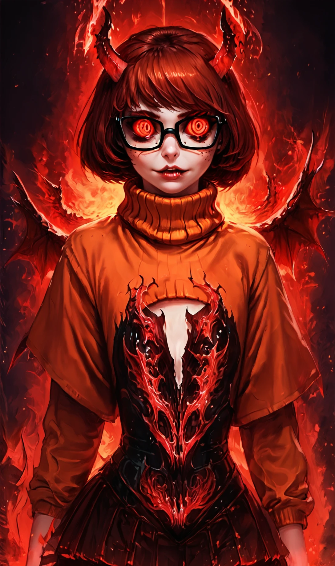 score_9, score_8_up, score_7_up, score_6_up,Corrupted, <lora:Corruption:1>,1girl,corrupted clothing style,evil style clothes,detailed rock altair backround,night,corrupted girl,detiled face,detailed eyes,corrupted velma,velma from scooby doo,corrupted face expression,evil expression,nice eyes