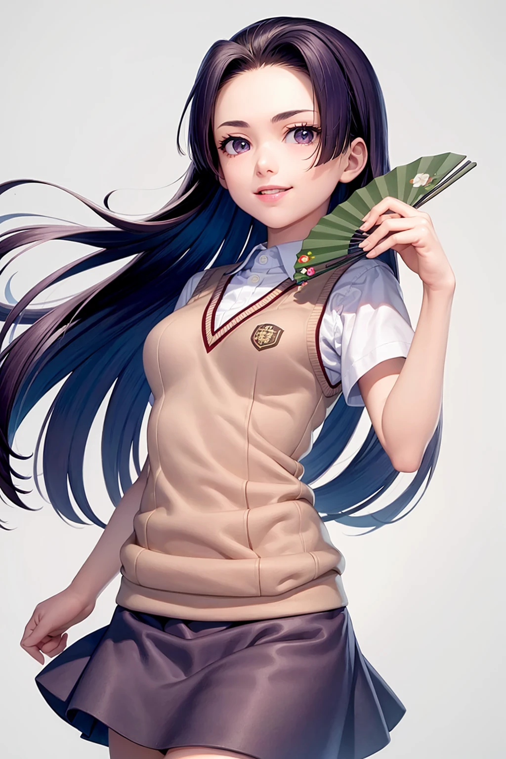 masterpiece, best quality,  <lora:kongoumitsuko:1>,1girl, solo,purple hair,long hair, purple eyes,  tokiwadai school uniform, sweater vest,skirt,
hand fan,  folding fan, paper fan,
cowboy shot, grey background, smile,