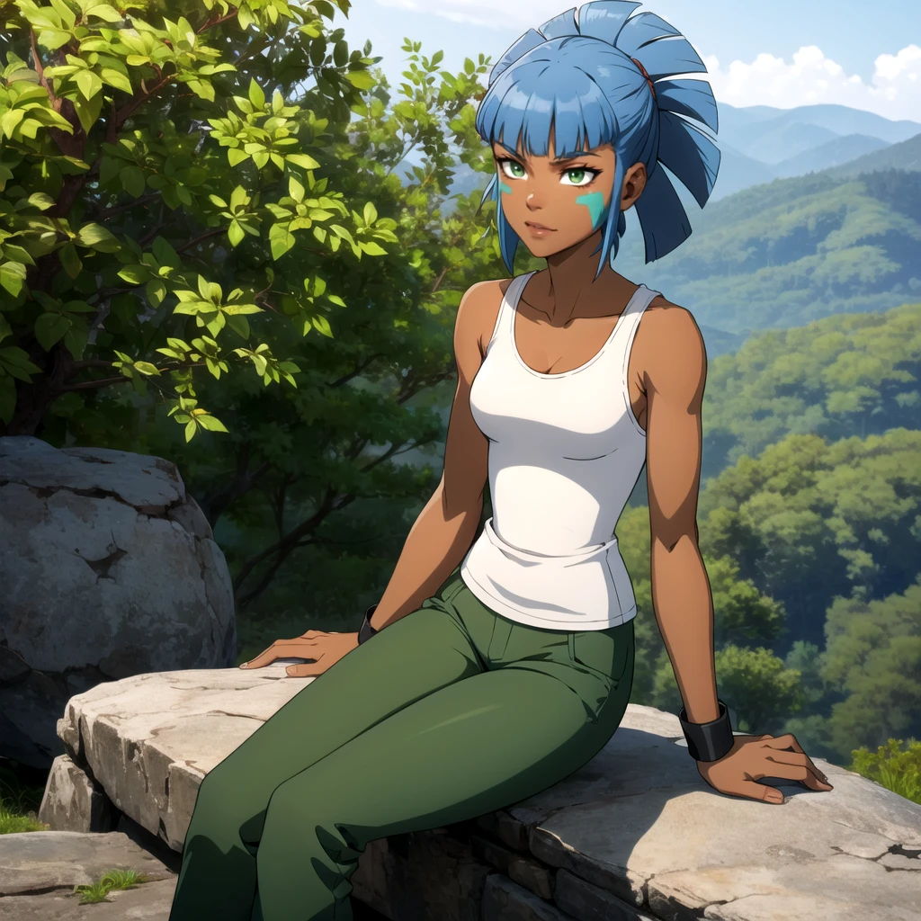 solo,1girl, maya,  blue hair, dark skin, dark-skinned female, tattoo, lipstick, green eyes, blunt bangs, face paint , arm cuffs, brown tank top, pants, <lora:MAYA_Redakai_Leaf2:0.6>, sitting, sitting on rock,