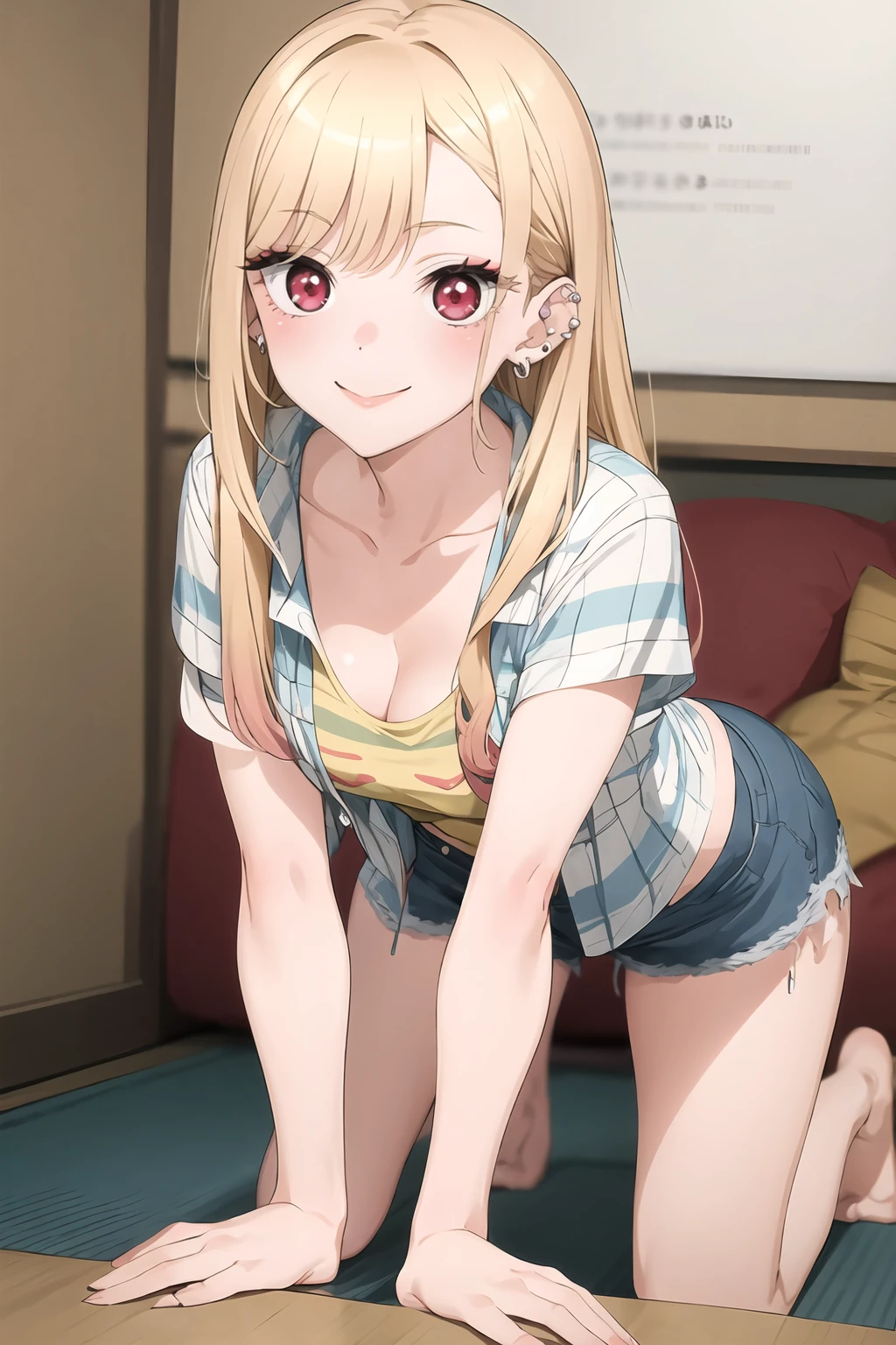 kitagawa marin, kitabkn, kneeling on futon, floating hair, blushed, lewd smile, masterpiece, best quality, highly detailed, (Detailed scenery in background: street sidewalk, garden, houses), low jeans, open braggado, red tank top, jacket off shoulder, choker, small breasts, bust 86cm, lascivious body, walking on the street, pov from above, Sexual expression, Corada,