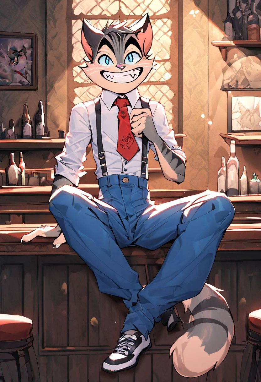 Rocky, Rocky Rickaby, blue eyes, striped fur, striped, pointed ears, eyebrows, smiling. (male anthro cat:1.3),
Solo, alone, by himself, 1boy, male.
Clothing, clothed, suspenders, large red tie, blue trousers, long trousers
Thin, twink, skinny. (skinny),  (white body:1.1),
HD, digital painting, digital art, masterpiece
Sitting, sitting down.
grin, sharp teeth,
bar, tavern, behind a bar. (inside:1.35),
HD, digital painting, digital art, masterpiece ((full length portrait)), digital drawing (artwork), digital media (artwork), hi res,  negative_hand,