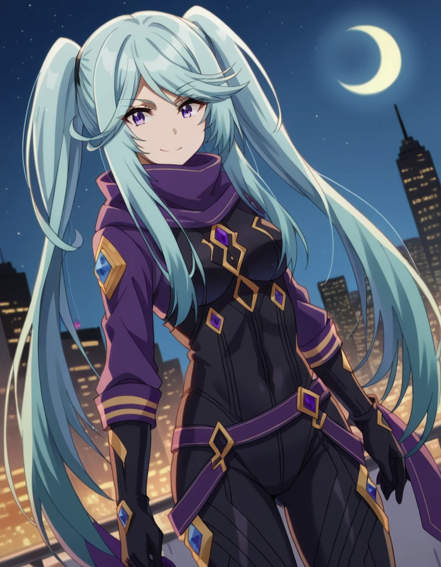 score_9, score_8_up, score_7_up, source_anime,
shadowepsilon, <lora:shadow-epsilon-ponyxl-lora-nochekaiser:1>,
epsilon, long hair, twintails, blue hair, purple eyes, sidelocks, smile,
bodysuit, scarf, purple scarf, gloves, black gloves,
outdoors, cityscape, night, moon,
looking at viewer, cowboy shot, dutch angle,