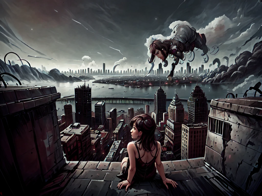 1girl looking down at a city in the background, EMH