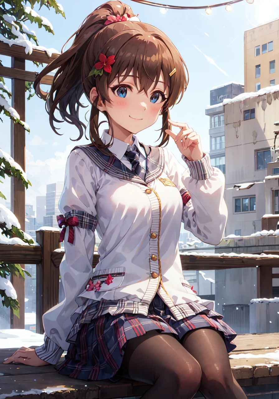 1girl, minako satake (million live), brown hair, ponytail, (best quality, 8K, masterpiece, ultra detailed:1.2), (lens flare, light particles, sparkle), depth of field, day, dappled sunlight, 1girl, solo, (winter clothes:1.2), puffy sleeves long sleeves, black pantyhose, school uniform, blue sweater, necktie, hair flower, hairclip, pleated skirt, layered sleeves, layered sleeves, plaid, seductive smile,