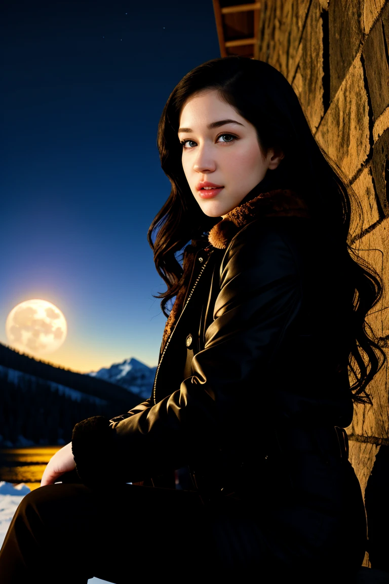 tv_Evelyn_Claire_PS, , sad expression, wearing a winter coat, wearing winter pants, wearing winter boots, sitting on a rock by a frozen mountain lake, midnight, moonlight, shot from the side,,    PA7_Human-Likeness