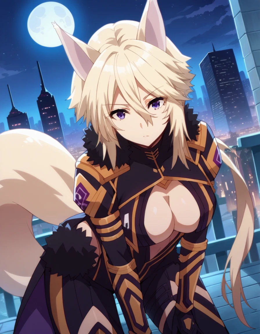 score_9, score_8_up, score_7_up, source_anime,
shadowzeta, <lora:shadow-zeta-ponyxl-lora-nochekaiser:1>,
zeta, animal ears, purple eyes, blonde hair,
gloves, cleavage, tail, black gloves, clothing cutout, cleavage cutout,
outdoors, cityscape, night, moon, bent over,
looking at viewer, cowboy shot, dutch angle,