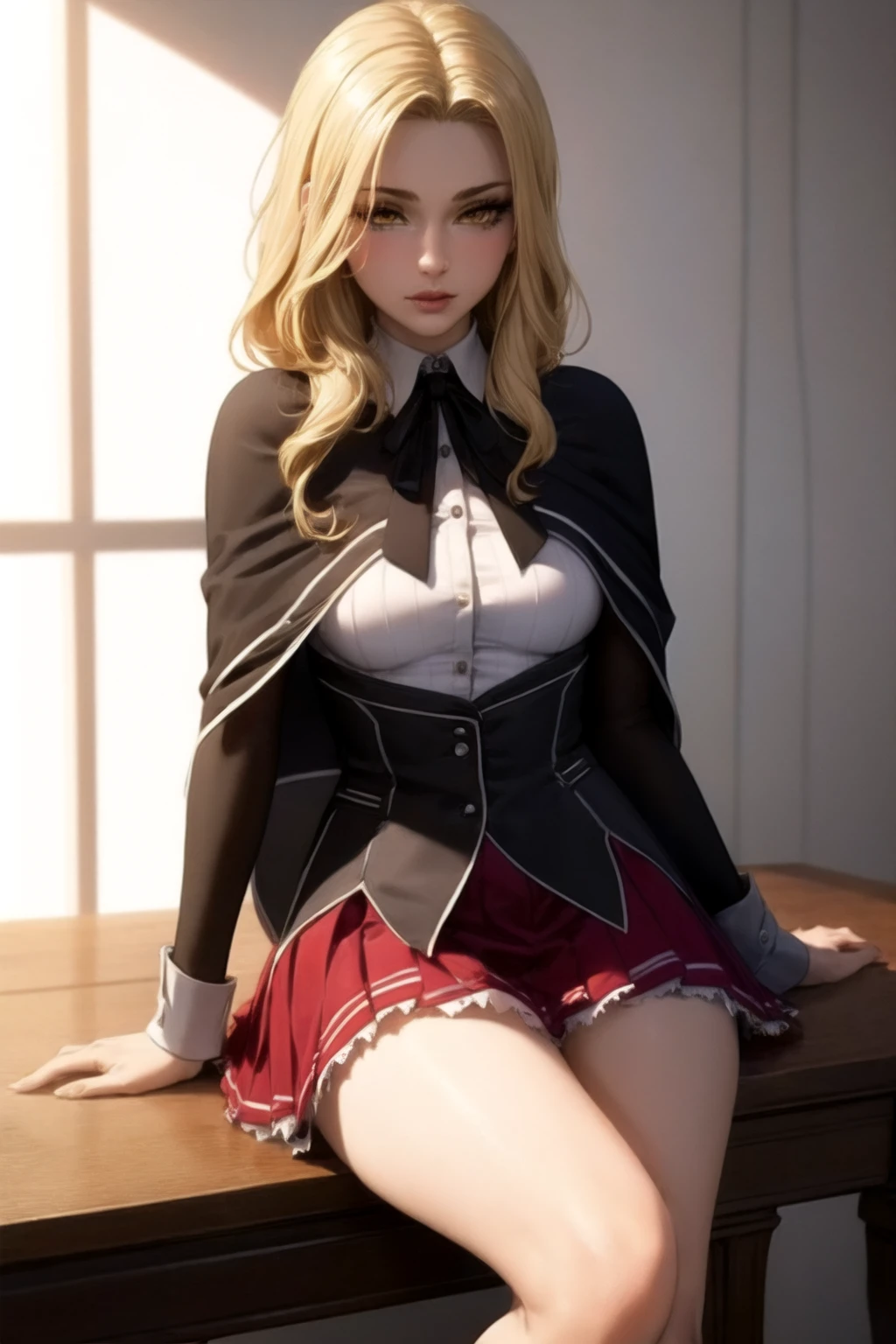 (from front, cowboy shot, sitting), 1girl, blonde hair, yellow eyes, (small breasts), kuoh_academy_school_uniform, black bow, black bowtie, black capelet, black corset, collared shirt, pleated skirt, red skirt, school uniform, white shirt, miniskirt, kneehighs, shoes, <lora:kuoh_academy_school_uniform-000003:1>, BREAK
(masterpiece, best quality, ultra detailed, intricate details:1.2), (8k, 4k, beautiful detailed background, beautiful detailed eyes, perfect face, lip, nose, eyelashes), (solo, white background), perfect female body, lips,  <lora:more_details:0.4>