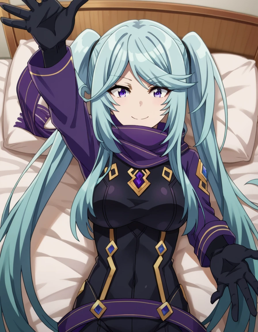 score_9, score_8_up, score_7_up, source_anime,
shadowepsilon, <lora:shadow-epsilon-ponyxl-lora-nochekaiser:1>,
epsilon, long hair, twintails, blue hair, purple eyes, sidelocks, smile,
bodysuit, scarf, purple scarf, gloves, black gloves,
indoors, bed, bed room, on back, arm support, arms up, incoming hug, pov, reaching, reaching towards viewer,
looking at viewer, cowboy shot, dutch angle,