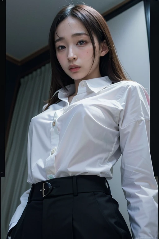 (best quality),(ultra high res, raw photo),(hdr, hyperdetailed),(8K),cinematic photo,photo of <lora:KuHasumi_lora-10:0.9>,1girl,solo,wearing button down collared shirt,black slacks,(from below)
