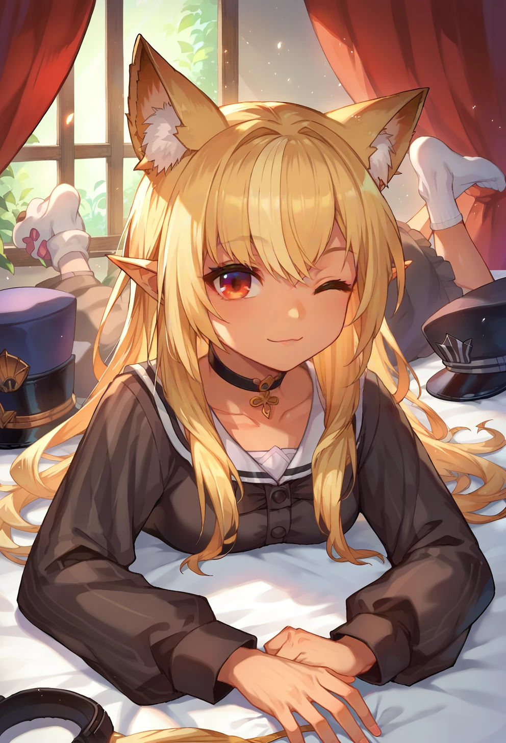 <lora:lack_artist_style_pony:1> score_9, score_8_up, score_7_up, score_6_up, source anime, BREAK, upper body,  1girl, virtual youtuber, shiranui flare, long hair, blonde hair, solo, headphones, dark skin, dark-skinned female, official alternate hairstyle, on stomach, streaked hair, multicolored hair, lying, animal ears, one eye closed, headwear removed, hat removed, looking at viewer, hat, smile, sidelocks, pinstripe pattern, choker, red eyes, long sleeves, cat ears, closed mouth, feet up, striped, black choker, dress, animal ear fluff, socks, pointy ears, ;\), bangs, on bed