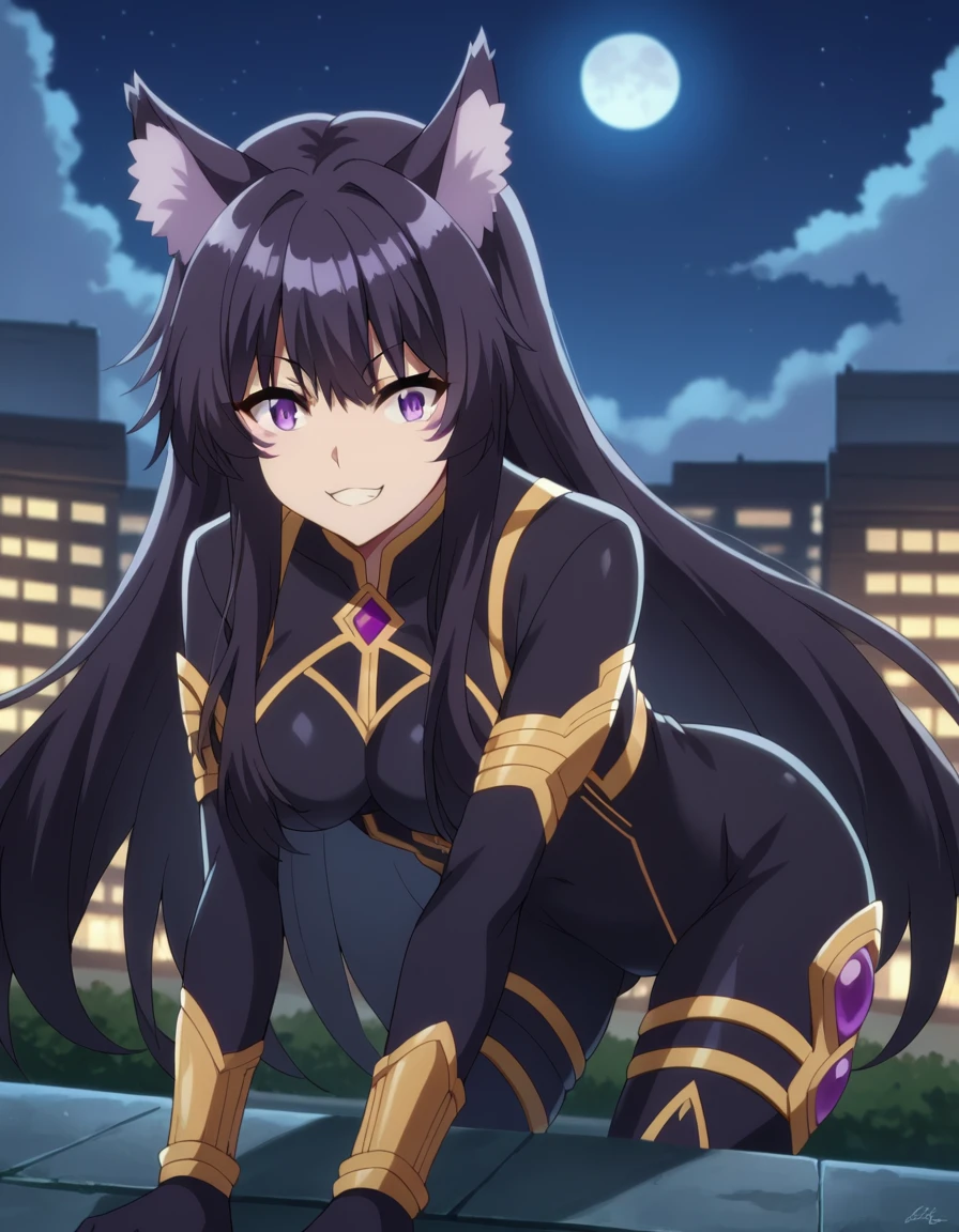 score_9, score_8_up, score_7_up, source_anime,
shadowdelta, <lora:shadow-delta-ponyxl-lora-nochekaiser:1>,
delta, long hair, black hair, animal ears, purple eyes, cat ears, animal ear fluff, facial mark, smile,
bodysuit, black bodysuit,
outdoors, cityscape, night, moon, bent over,
looking at viewer, cowboy shot, dutch angle,