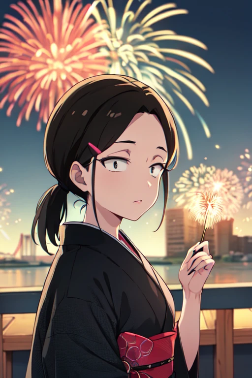 masterpiece, high quality, highres, absurdres, <lora:YasukoYaegashiR4:0.7>, YasukoYaegashiR4 1girl, black hair, black eyes, ponytail, hairclip, kimono, fireworks, upper body,