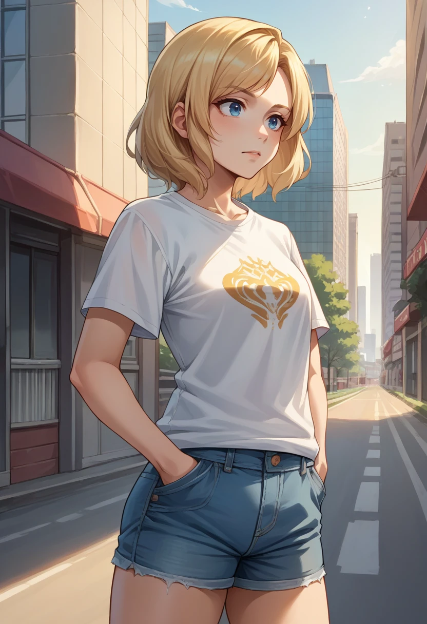 score_9, score_8_up, source_anime, 1girl, solo, Ashelia, medium hair, blonde hair, blue eyes, t-shirt, denim shorts, standing, outdoors, city, hands in pockets, <lora:CHAR-AsheliaPonyXL:1>