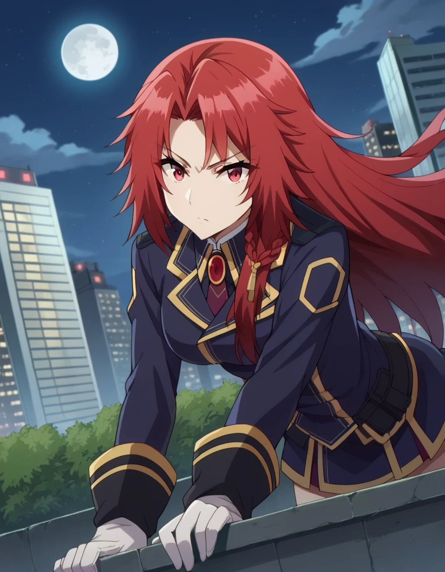 score_9, score_8_up, score_7_up, source_anime,
irismidgar, <lora:iris-midgar-ponyxl-lora-nochekaiser:1>,
iris midgar, long hair, red eyes, braid, red hair,
skirt, gloves, long sleeves, jacket, necktie, white gloves, uniform, military, military uniform,
outdoors, cityscape, night, moon, bent over,
looking at viewer, dutch angle,