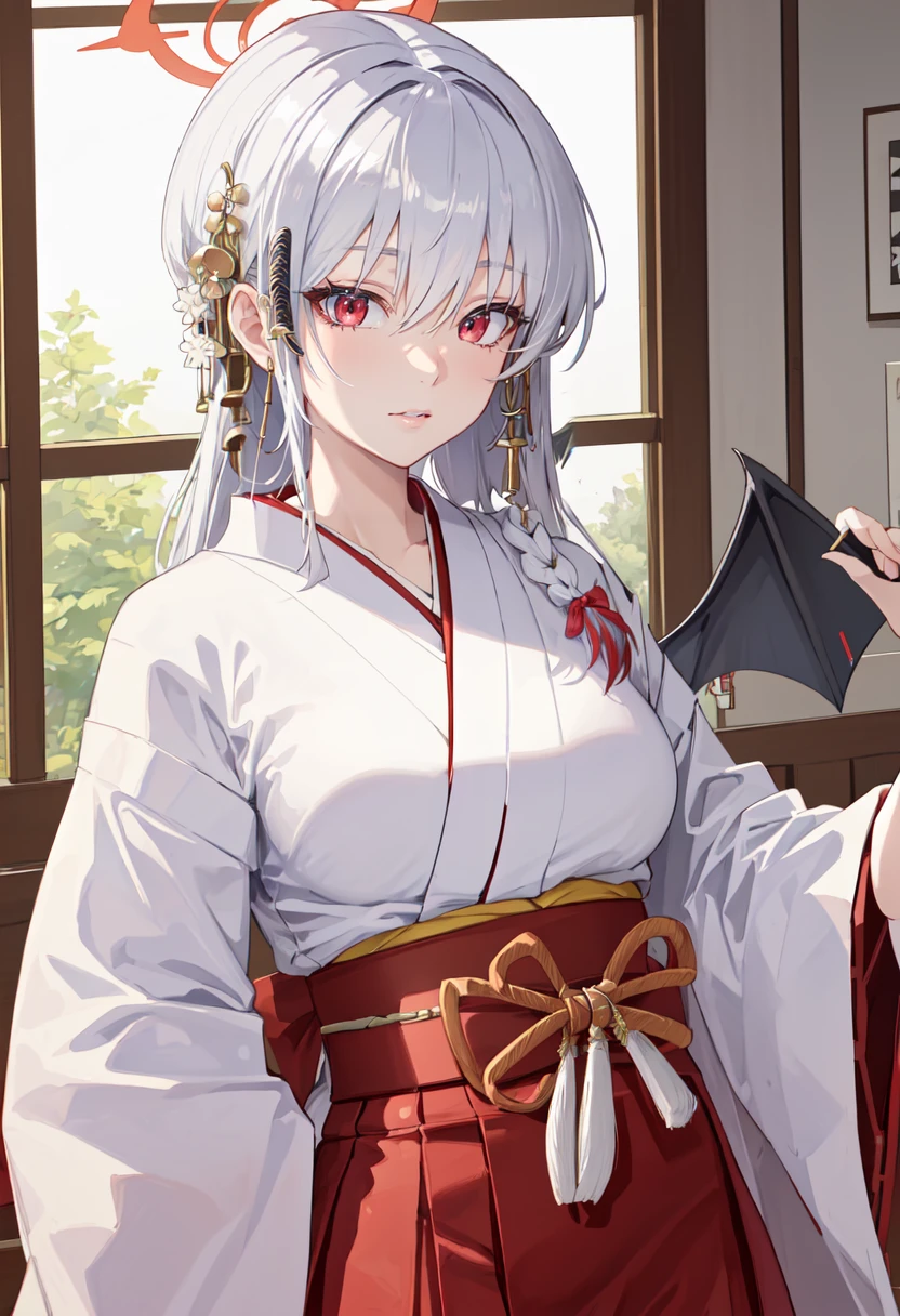 best quality, masterpiece, highres, solo, (haruna_bluearchive:1.10), (white kimono:1.35), (red hakama:1.35), (wide sleeves:1.20), 31 <lora:haruna_bluearchive:0.80>