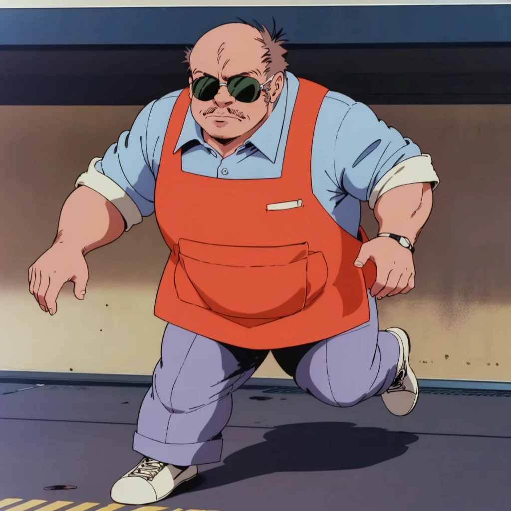 <lora:MZ1Coco001:0.7>,
MZ1Coco,1oldman,sunglasses,fat,retro artstyle,1980s (style),
collared_shirt,orange apron,
pants,
full body,running,