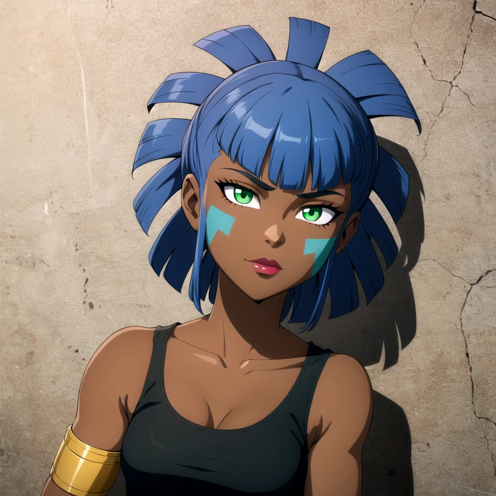 solo,1girl, maya, blue hair, dark skin, dark-skinned female, tattoo, lipstick, green eyes, blunt bangs, face paint , arm cuffs, brown tank top, <lora:MAYA_Redakai_Leaf3:0.6>