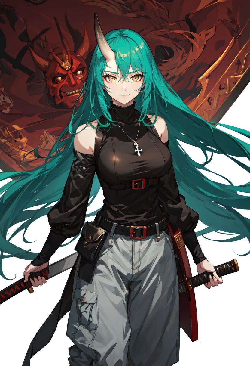 best quality, masterpiece, highres, solo, (hoshiguma_arknights:1.10), 1girl, black shirt, holding sword, katana, long sleeves, official alternate costume, oni mask, shoulder cutout, looking at viewer, smile, belt, grey pants, very long hair, bare shoulders, holding shield, magatama necklace, sheath, 6 <lora:hoshiguma_arknights:0.80>