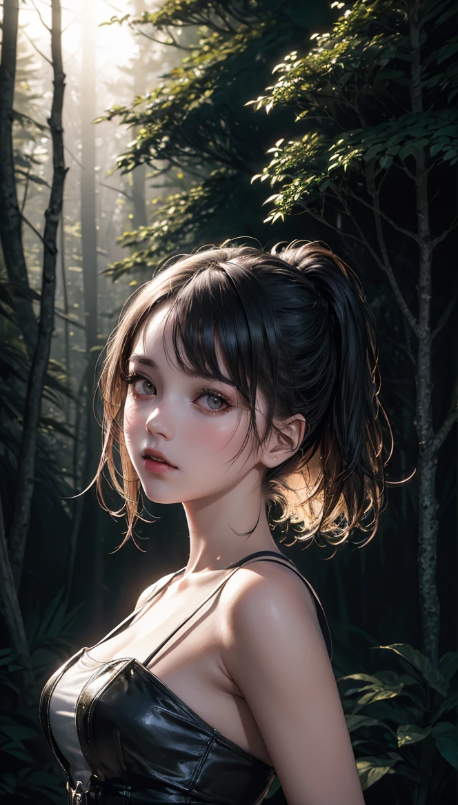 masterpice, high quality,( detailed realistic background:1), ( official art, beautiful and aesthetic:1 ), realistic lighting, cinematic lighting, hyperrealism, Poor lighting, sharp, artistic photoshoot, ( cute, petite ), slender, pale cheeks, square face shape with angular jaw, natural "no-makeup" makeup,  ((A girl in the night at the dark forest)), night, [dark],vertical,