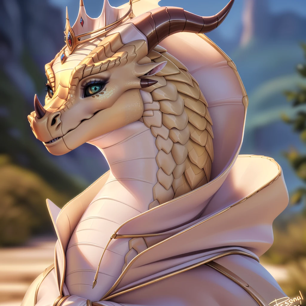 blazeoc, solo, (dragon), feral, portrait bust, crown, cloak, horn rings,  black sclera, by personalami,  (best quality),(masterpiece),(ultra detailed), <lora:Blaze_dragon-000024:1>