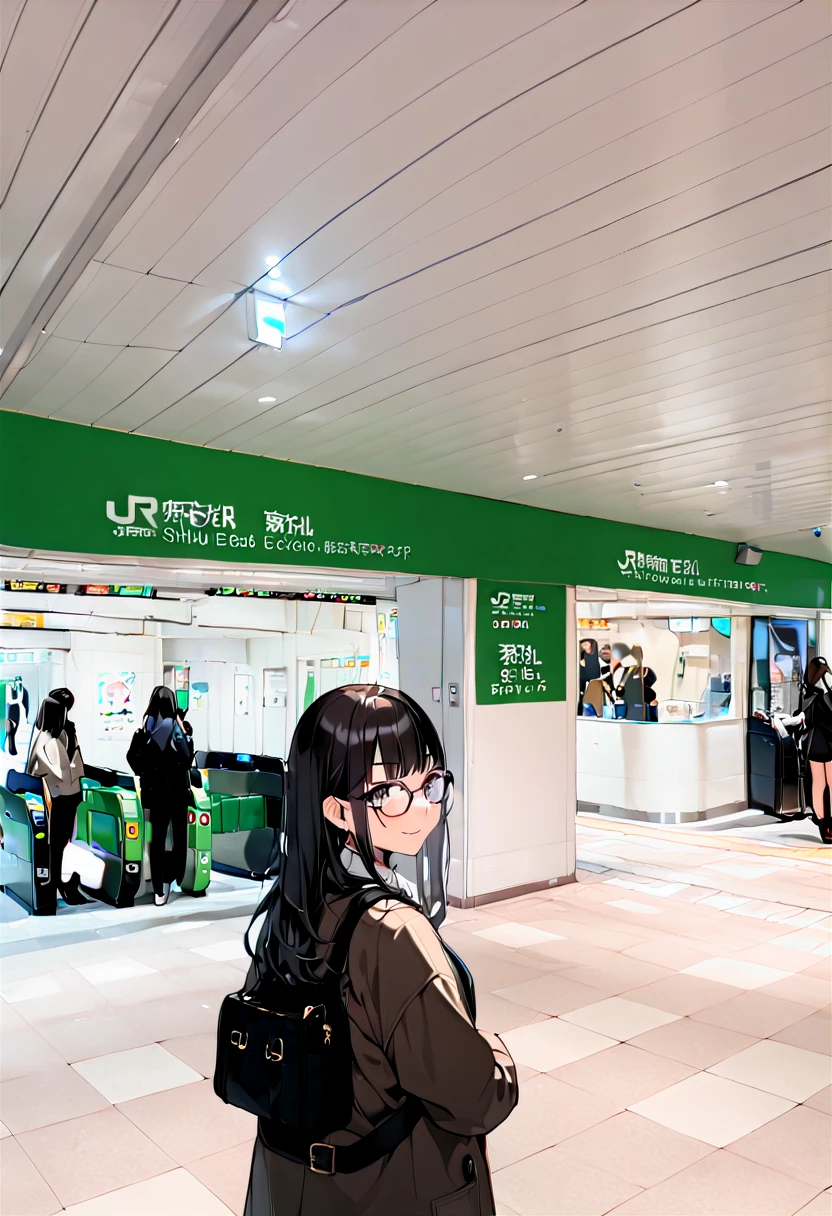 1girl, solo, glasses, black hair, long hair, duffle coat, black bag, smile, looking at viewer, solo focus,
higashikaisatsu, shinjuku, entrance, scenery, indoors, real world location
masterpiece, best quality,  <lora:shinjuku_higashiguchi_SDXL_V1:1>