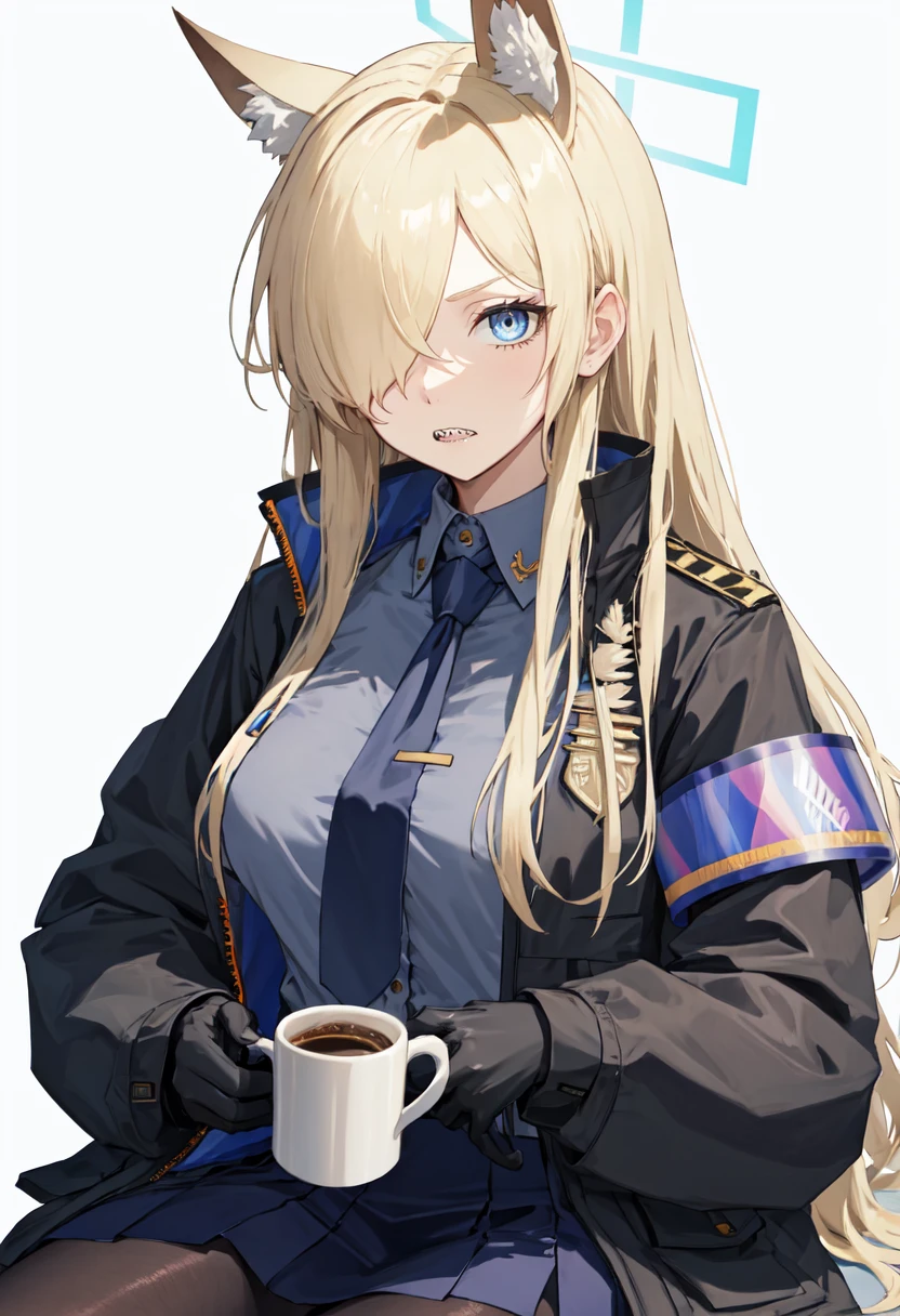 best quality, masterpiece, highres, solo, (kanna_bluearchive:1.10), 1girl, black gloves, black jacket, long sleeves, blue shirt, collared shirt, open jacket, holding cup, blue necktie, armband, black pantyhose, blue skirt, sharp teeth, looking at viewer, simple background, tie clip, white background, coffee mug, hand in pocket, sitting, 2 <lora:kanna_bluearchive:0.80>