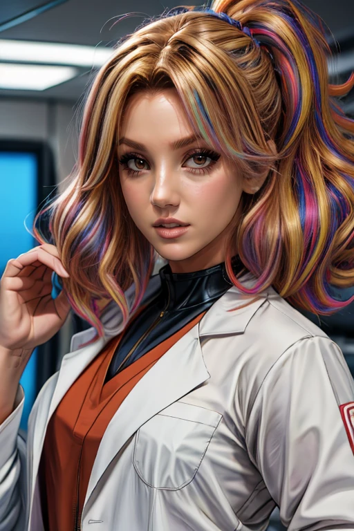 ((detailed)), ((masterpiece)), (realistic, photorealistic:1.1), 8k resolution,
1girl, BritneySpears, brown eyes, lips, multicolored hair, split-color hair, brown hair, blonde hair
a woman, Mad Scientist Costume, disheveled lab coat, wild hair wig, mohawk hairstyle, upper body, <lora:celebrityown_BritneySpears:0.7>, <lora:hairdetailer:0.75>, <lora:GoodHands-beta2:0.8>, nice hands, perfect hands