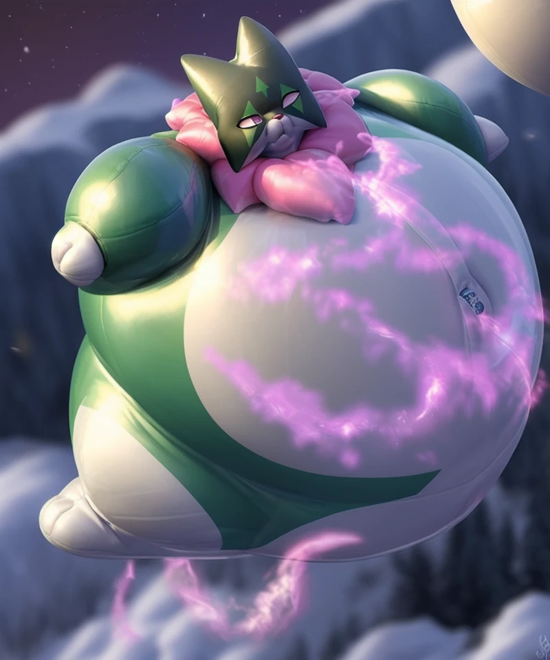 photorealistic, detailed background, meowscarada, anthro, male, pokemon, generation 9 pokemon, inflating, floating, living inflatable, spherical inflation, puffed arms, puffed legs, puffed cheeks, high-angle view, magic, <lora:MaleInflation-02-BB95-e100:0.8>