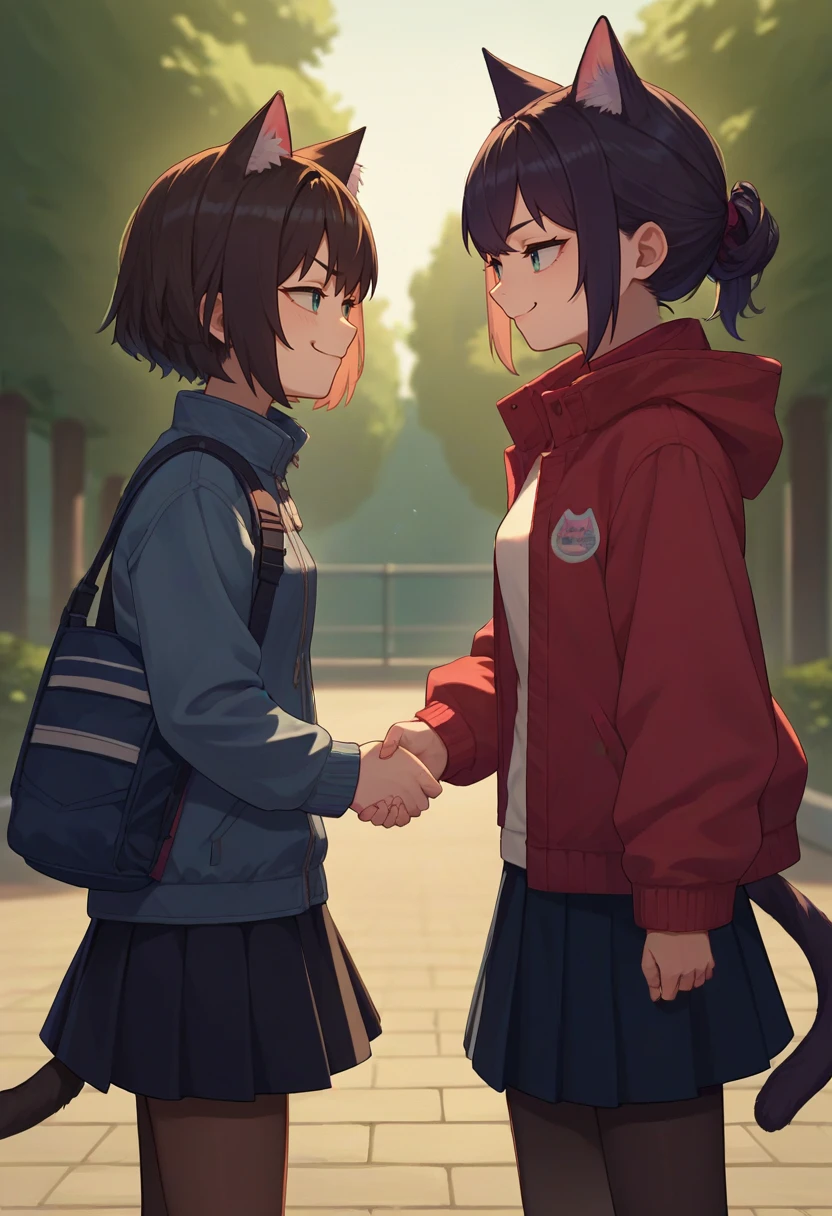 score_9, score_8_up, score_7_up, source_anime, rating_safe, 2girls, cat girl, smug, looking at another, handshake, jacket, long sleeves, skirt, pantyhose, cat tail, outdoors <lora:concept_handshake_ponyXL-000012:1>