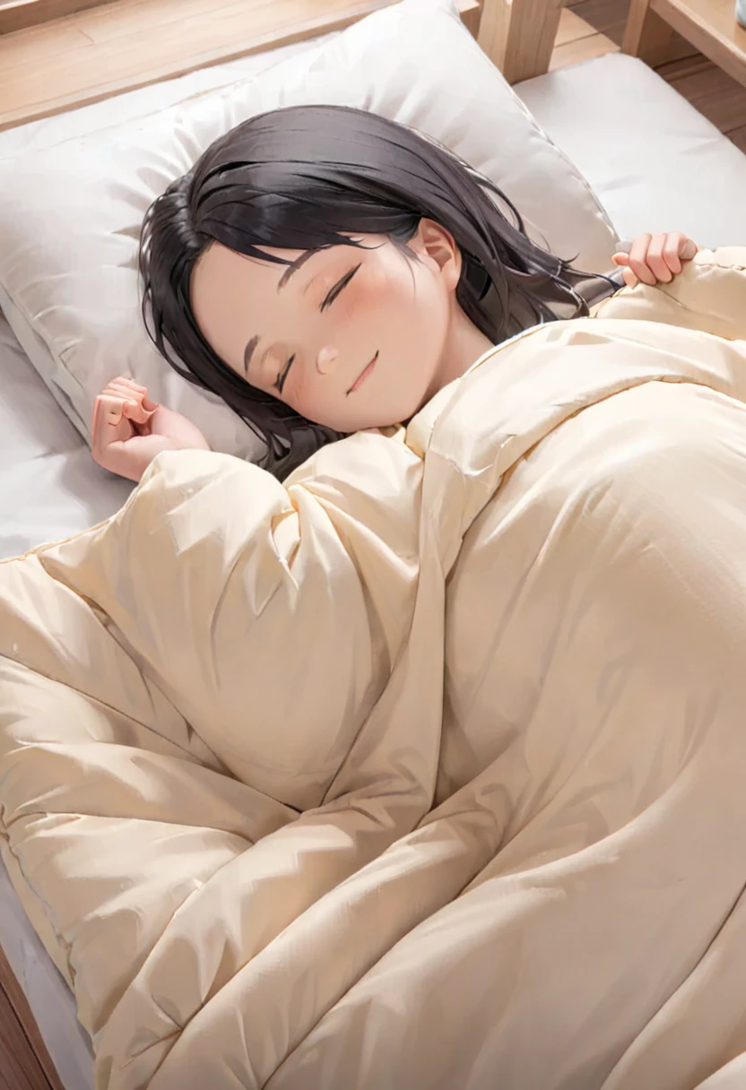 1girl, black hair, long hair, happy, light smile,
futon, pillow, closed eyes, bed, sleeping, lying, under covers, blanket,
masterpiece, best quality, ultra-detailed, illustration,
<lora:kakebuton_SDXL_V1:0.8>