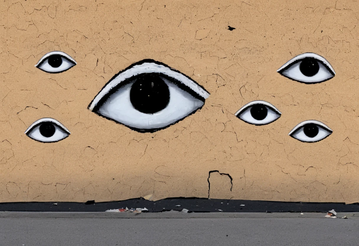a weirdcore composition that explores the theme of a distorted suburban environment with a focus on cracked paint, many eyes, and a human silhouette in an unsettling setting <lora:y2kmadmix_db-v0.0.1-extract:1>