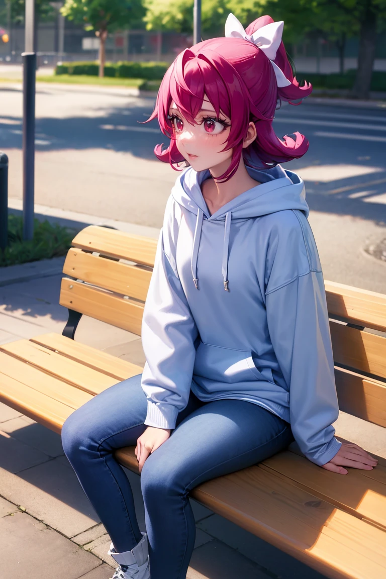 masterpiece, best quality, absurdres, 1girl, solo, AidaMana, pink hair, short hair, half updo, hair ribbon, hoodie, jeans, sitting, on bench, outdoors, park scene, <lora:CHAR-CureHeart:1>