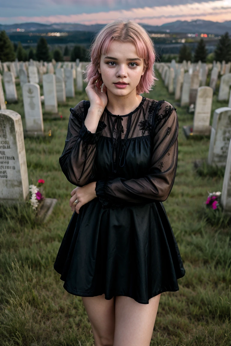 RAW Photo, tv_Darina_ES, , tearful sad expression, "ready-for-a-funeral", black dress, looking down, in a rainy graveyard at dusk, full body shot,,