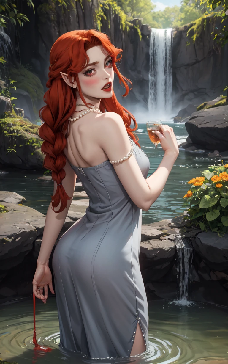 ((masterpiece, best quality)), insaneres, absurdres, solo, looking at viewer,
NightGown_Lenore_ownwaifu,
1girl, long hair, red hair, red eyes, pointy ears, blush, breasts, cleavage, lips, red lips, collarbone, fangs, lipstick, makeup, vampire, braid, floating hair,
jewelry, necklace, pearl necklace, armlet, grey dress, bare shoulders,
(wading, ass support), waterfall, <lora:CARTOON_Castlevania_Lenore_ownwaifu:0.75>,
depth of field, vanishing point, garden, sidelighting,
