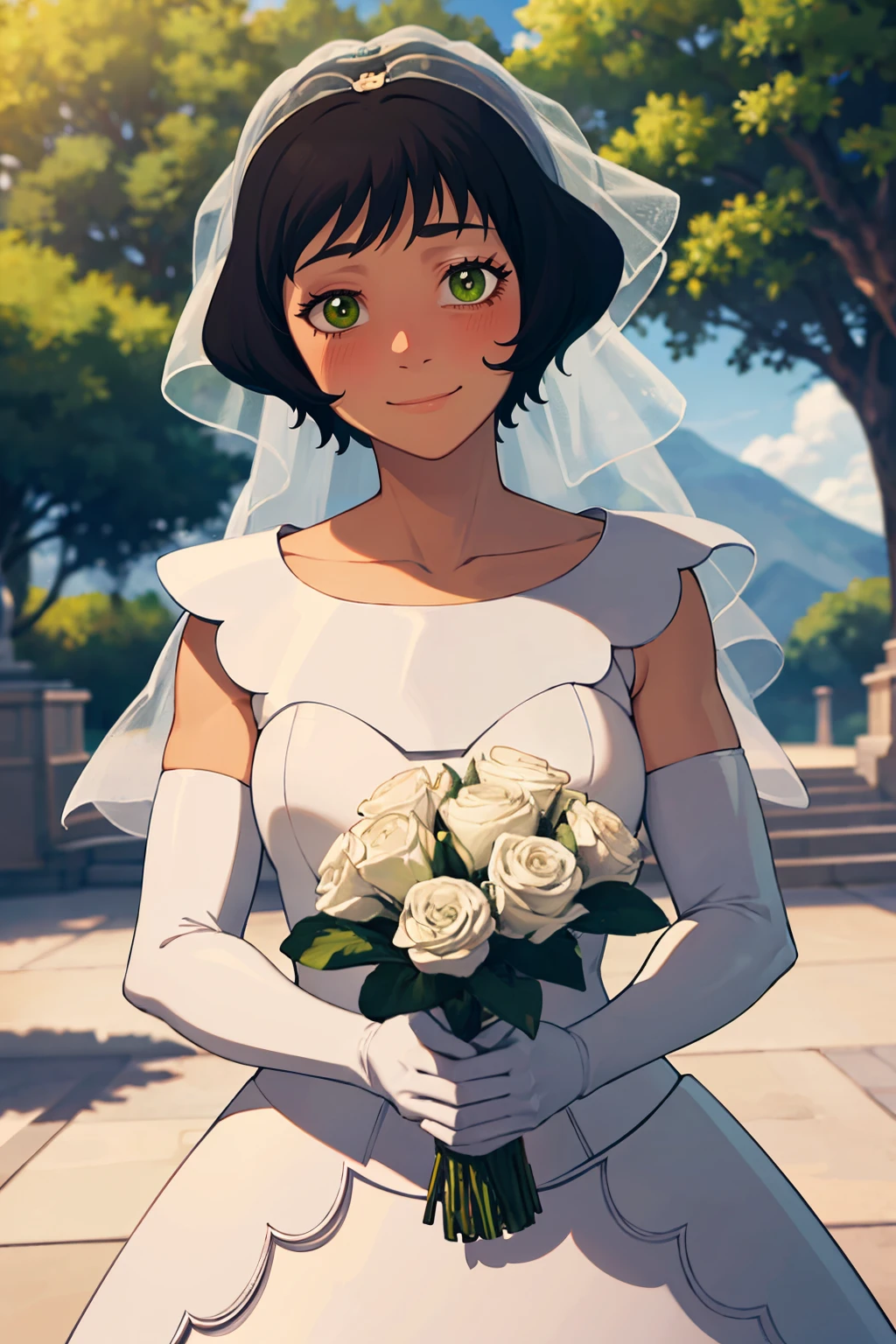 ((masterpiece,best quality)), absurdres, <lora:Opal_Korra_v3:0.7>, Opal Korra, smile, head tilt, blush, bride, wedding dress, bridal veil, strapless dress, elbow gloves, holding bouquet, upper body, looking at viewer, outdoors, tree,