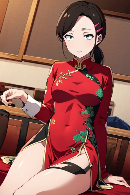 masterpiece, high quality, highres, absurdres, <lora:YasukoYaegashiR4:0.7>, YasukoYaegashiR4 1girl, black hair, black eyes, ponytail, hairclip, chinese clothes,