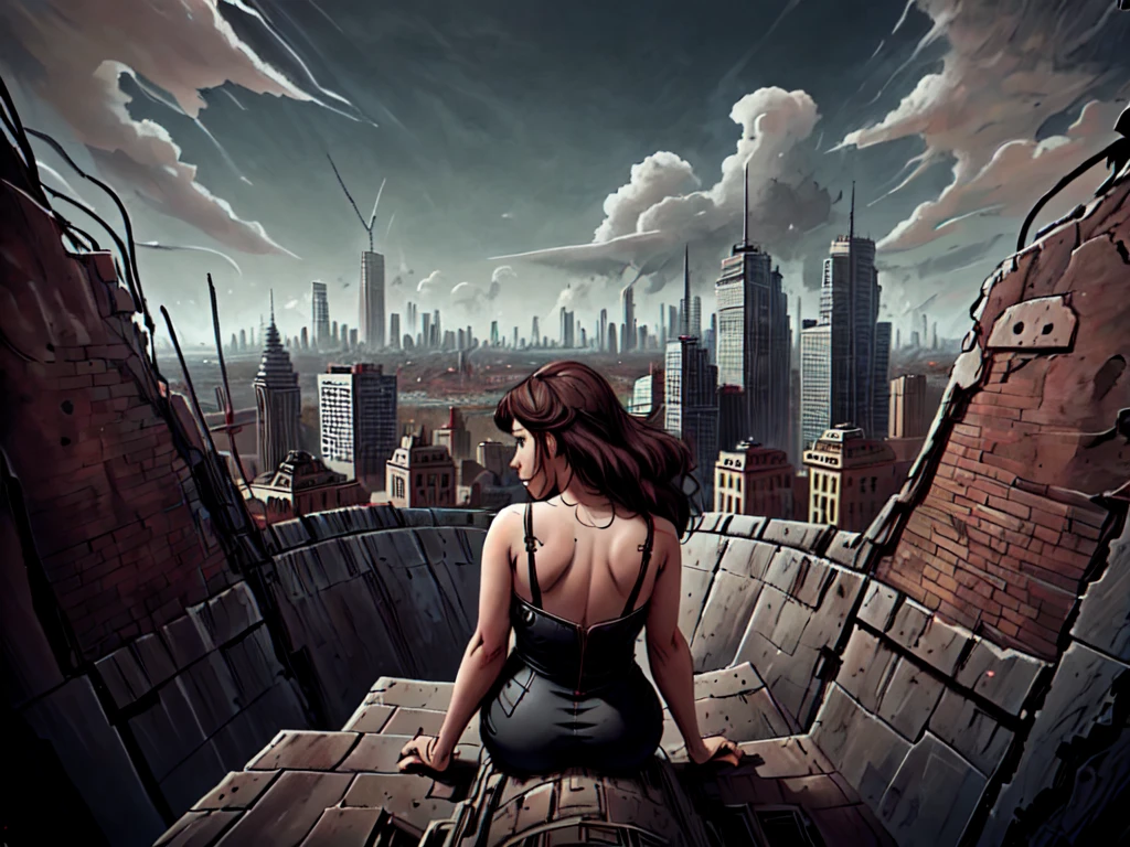 a woman looking down at a city in the background, EMH