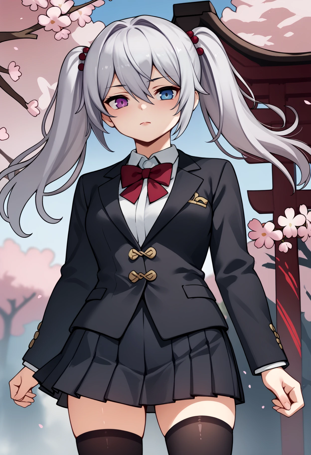 score_9, score_8_up, score_7_up, score_6_up, source_anime, BREAK cowboy shot, outdoors, cherry blossoms, 1girl, silver hair, twintails, dark blue eyes, heterochromia, purple eyes, hair between eyes, black blazer, long sleeves, collared shirt, red bowtie, pleated skirt, black skirt, black thighhighs, <lora:NDGD_PDXL-v1-09:1.2>