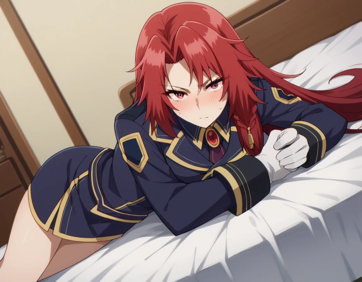score_9, score_8_up, score_7_up, source_anime,
irismidgar, <lora:iris-midgar-ponyxl-lora-nochekaiser:1>,
iris midgar, long hair, red eyes, braid, red hair,
skirt, gloves, long sleeves, jacket, necktie, white gloves, uniform, military, military uniform,
indoors, bed, bed room, on side, blush, drunk,
looking at viewer, dutch angle,