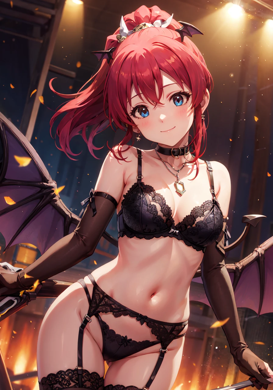 1girl, minako satake (million live), red hair, ponytail, (best quality, 8K, masterpiece, ultra detailed:1.2), (lens flare, light particles, sparkle), depth of field, black legwear, bat wings, garter straps, garter belt, lace trim, (see-through), lace bra, navel, elbow gloves, earrings, necklace, choker, seductive smile, cinematic angle, night club, demon, demon tail, wind, head tilt,