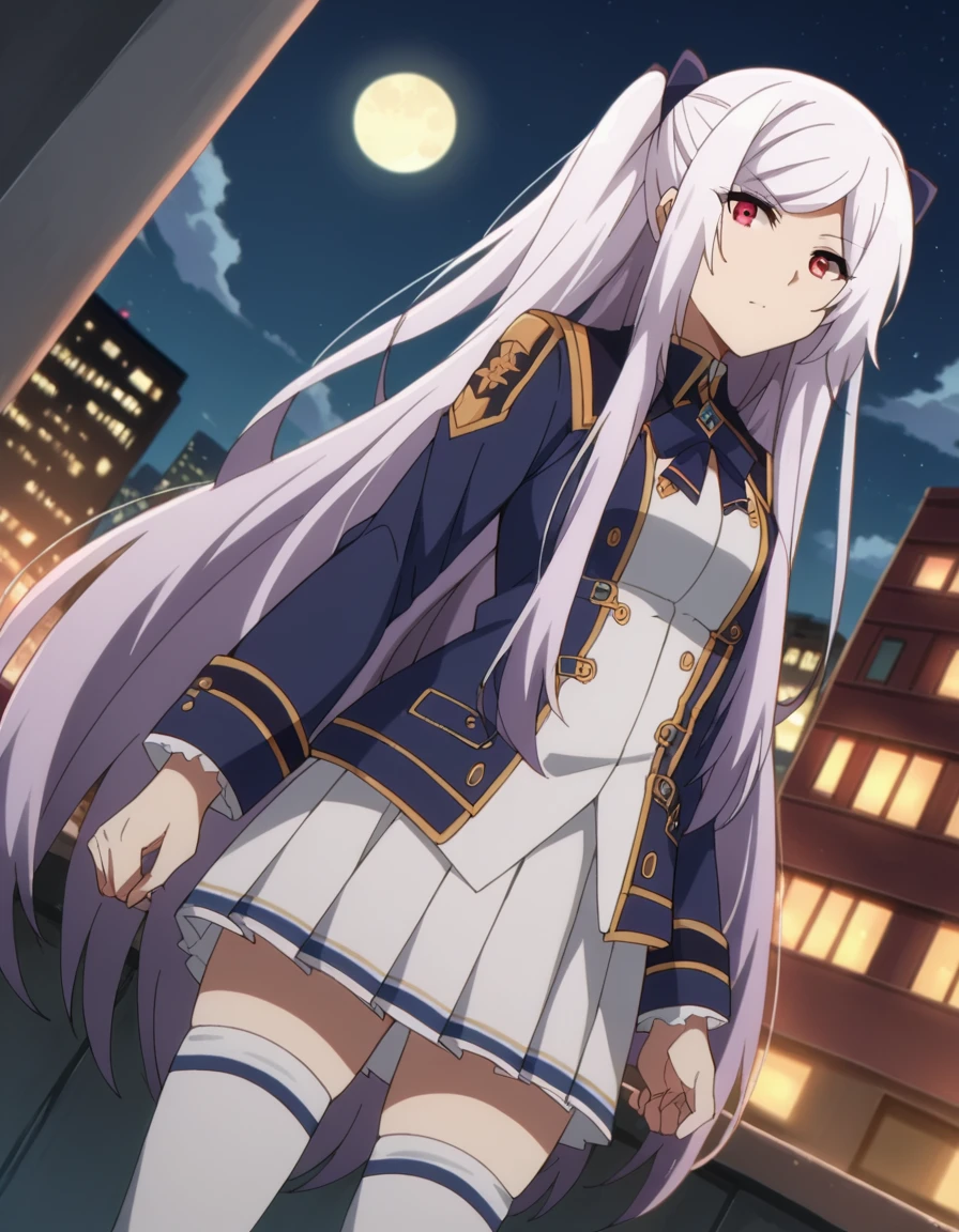 score_9, score_8_up, score_7_up, source_anime,
alexiamidgar, <lora:alexia-midgar-ponyxl-lora-nochekaiser:1>,
alexia midgar, long hair, very long hair, hair ribbon, white hair, red eyes, sidelocks, ribbon,
skirt, thighhighs, long sleeves, pleated skirt, miniskirt, white thighhighs, zettai ryouiki, white skirt,
outdoors, cityscape, night, moon,
looking at viewer, dutch angle,