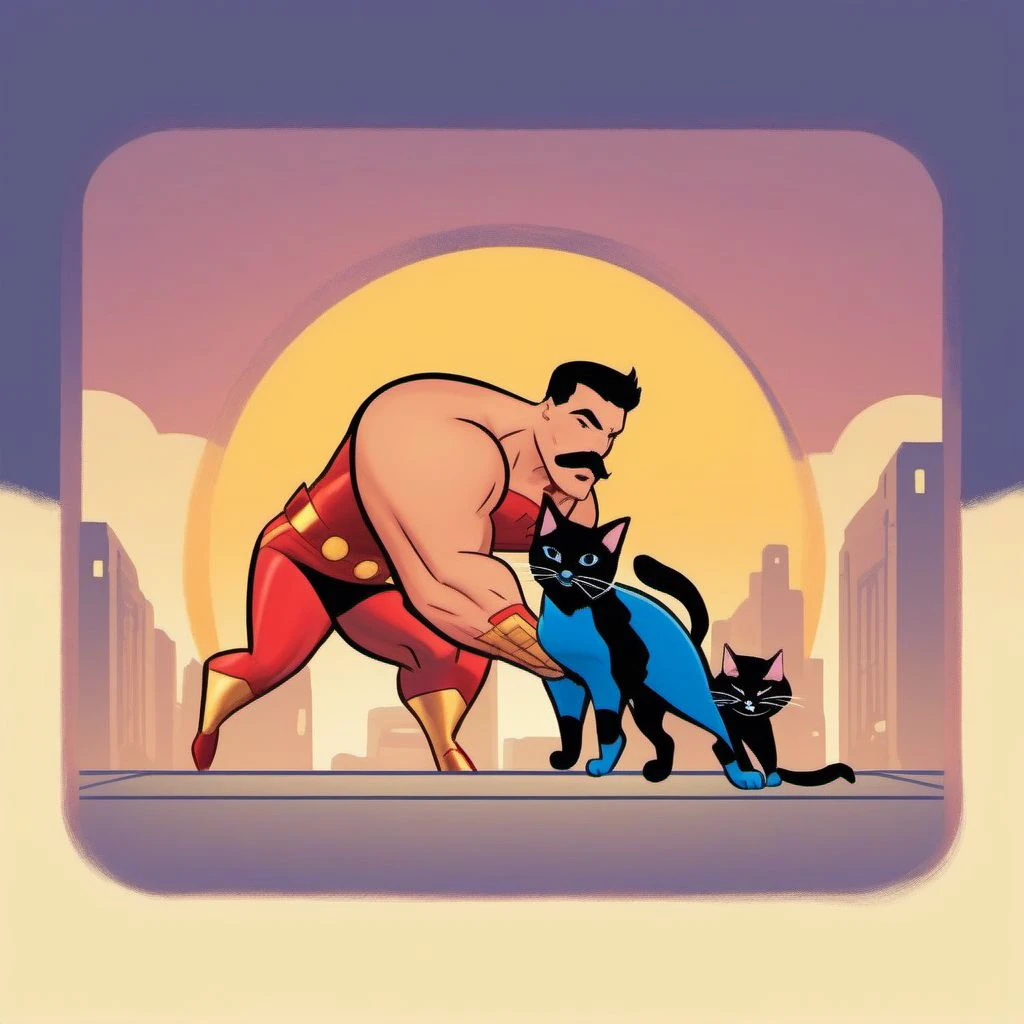 photoshoot of  a mustachioed  , muscular superhero saving a tiny cat , btstyle<lora:Retro_Cartoons_the_Animated_Series-000009_1:1>