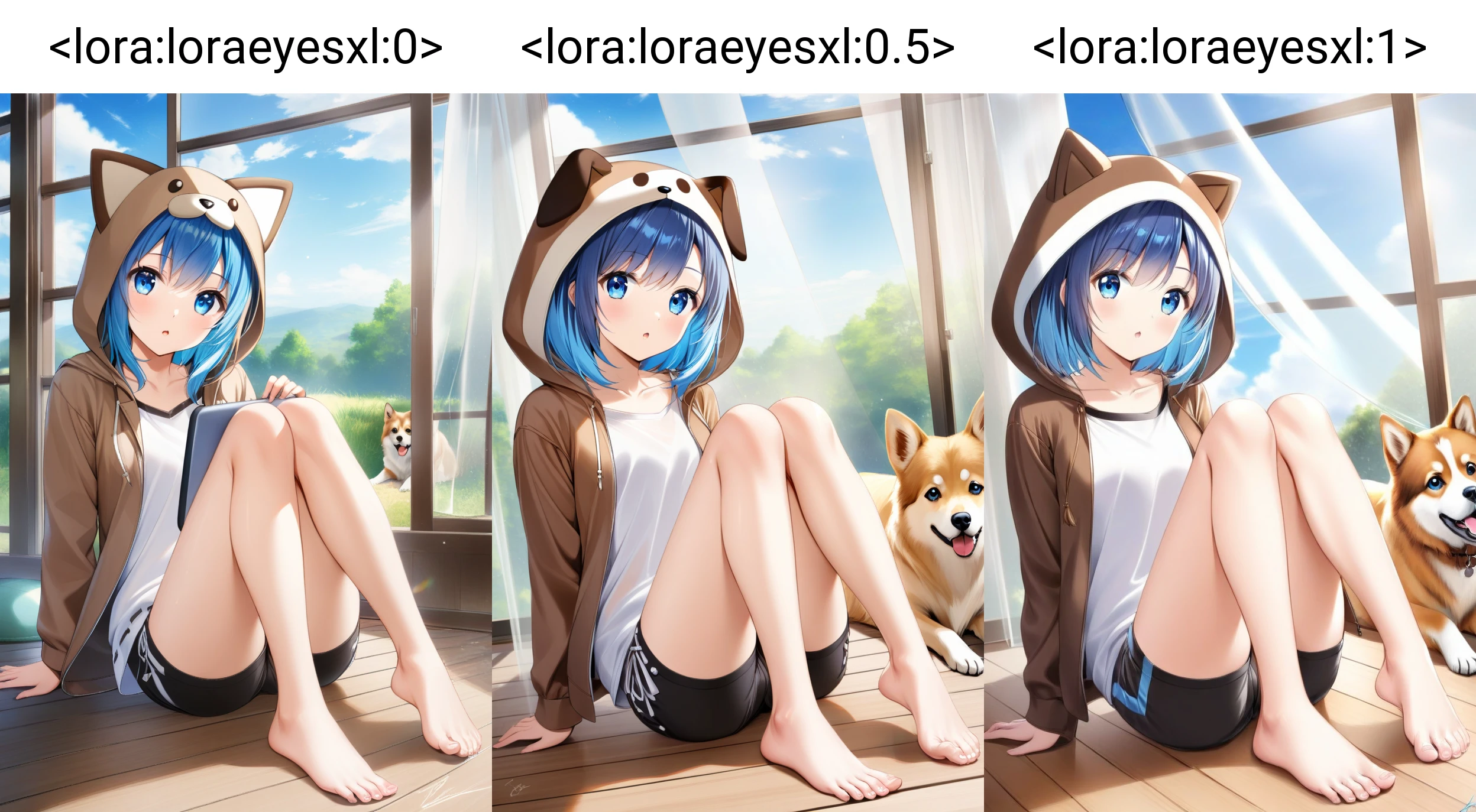 1girl,:o,animal,animal_ears,animal_hood,bare_legs,barefoot,black_shorts,blue_eyes,blue_hair,brown_hair,brown_jacket,collarbone,curtains,day,dog,fake_animal_ears,feet,hood,hood_up,hooded_jacket,jacket,knees_up,legs,looking_at_viewer,multicolored_hair,on_floor,parted_lips,ribbon-trimmed_shorts,ribbon_trim,shirt,short_shorts,shorts,signature,sitting,solo,tablet_pc,toenails,toes,transparent,two-tone_hair,white_shirt,window,wooden_floor,<lora:loraeyesxl:0>,
