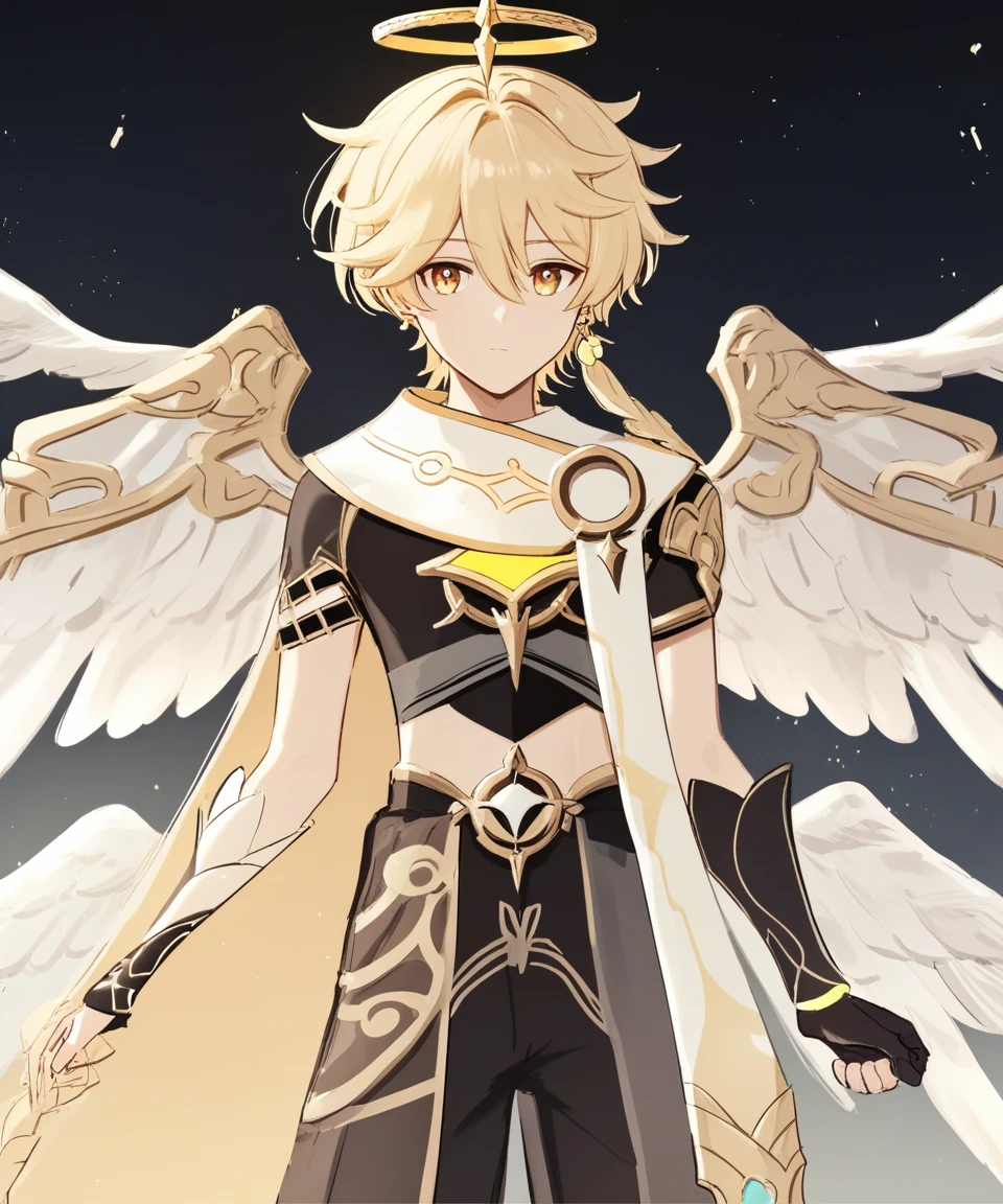 score_9, score_8_up, score_7_up, score_6_up, score_5_up, score_4_up, source_anime, aether_\(genshin_impact\), male focus, blonde hair, hair between eyes, single braid, single earring, solo, intricate, gold trim, fringe, wings, otherworldly, angelic outfit, Crystaline Peaks, angel, vibrant, high contrast, (atmospheric perspective:1.3), radiance, ephemeral, white and gold, solo <lora:2024-03-23_07-29-13-save-483-21-0:1>
