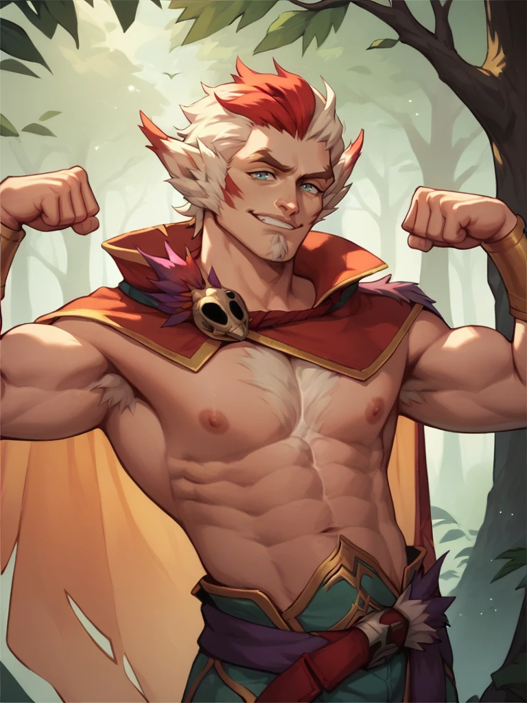 score_9, score_8_up, score_7_up, score_6_up, portrait of R4kan man, multicolored hair, cape, goatee, <lora:R4kan-000002:1>, shirtless, flexing, forest background