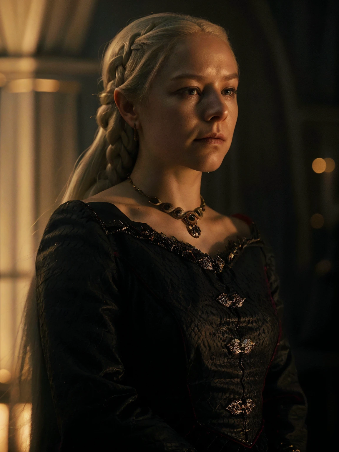 high resolution photo close-up of rha3nyra,she has a long braid white hair ponytail and she is wearing a necklace and a black queen jacket,she is flying on a dragon,volumetric lighting and bokeh,the background is super detailed,the shot is cinematic