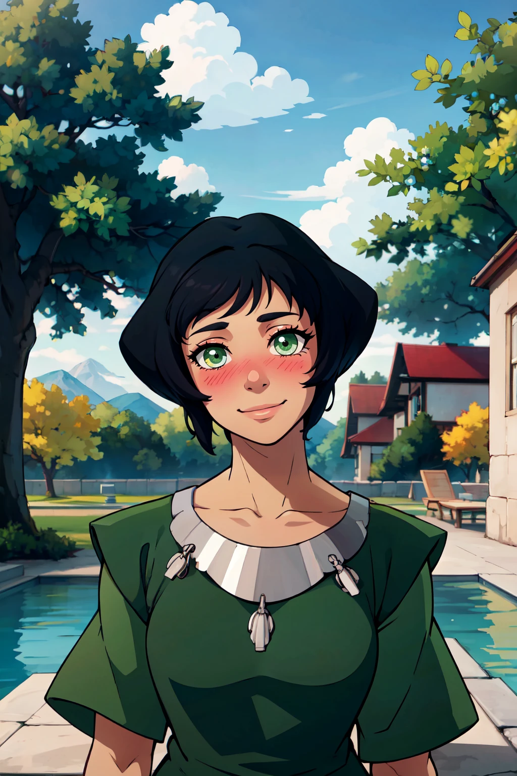 ((masterpiece,best quality)), absurdres, <lora:Opal_Korra_v3:0.7>, Opal Korra, smile, head tilt, blush, upper body, looking at viewer, outdoors, tree,