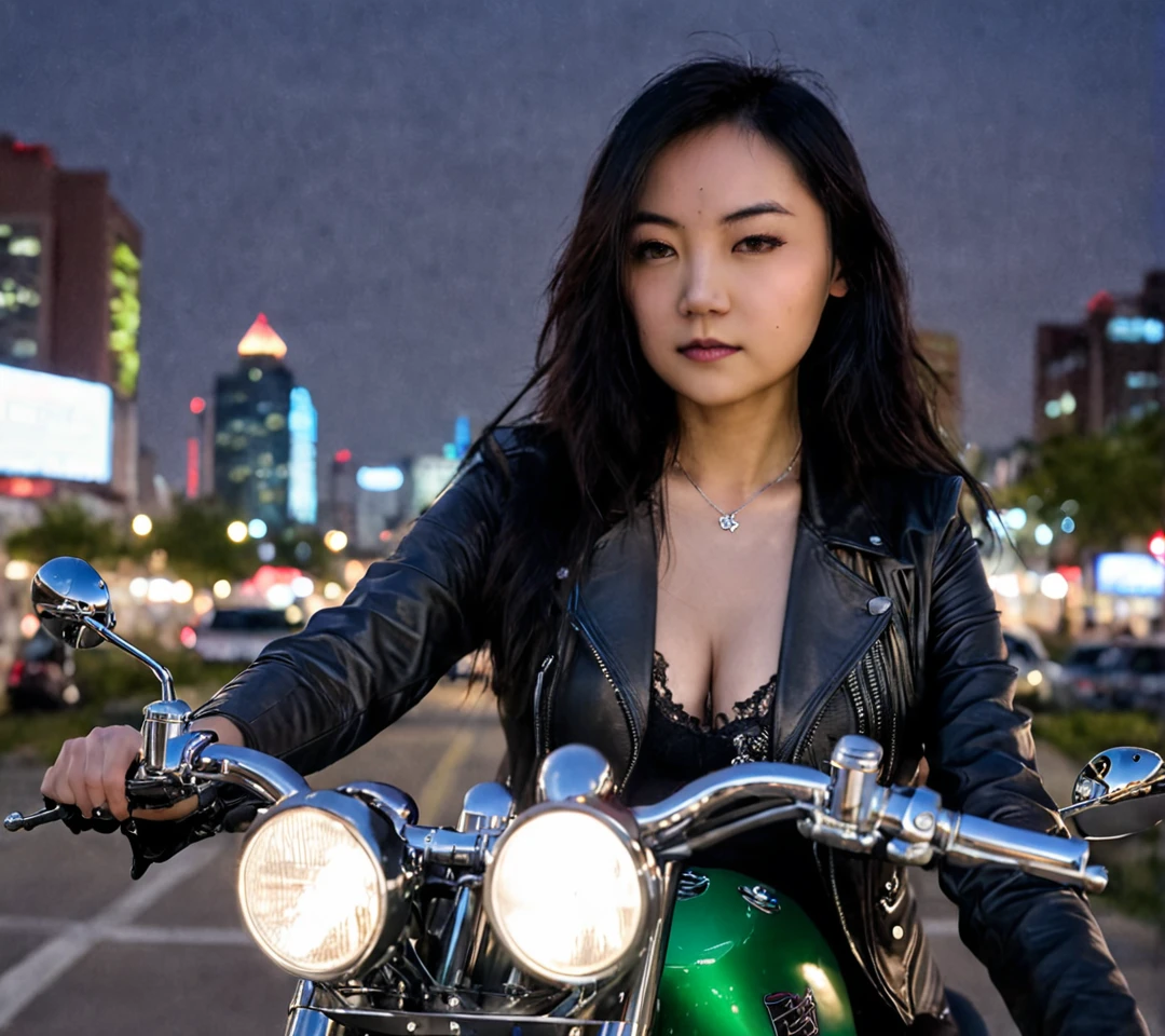 <lora:FanfanSDXL1.0-000005:1> Fanfan, woman,face focus, cute, masterpiece, best quality, 1girl,
chinese woman with black hair in a leather jacket and beautiful silver biker jewelry, proudly sits on chopper motorcycle, thick black handlebar, black steering, focus front, hyperdetailed photoshoot, luminism, goth, gothic, driving through the city at night, night time, stars, green aurora borealis in the sky, blue nebula in the sky